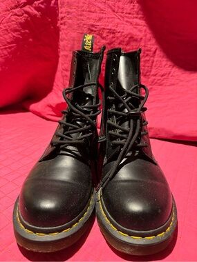 Dr. Martens 1460 Black Leather Lace-Up Boots with Yellow Stitching